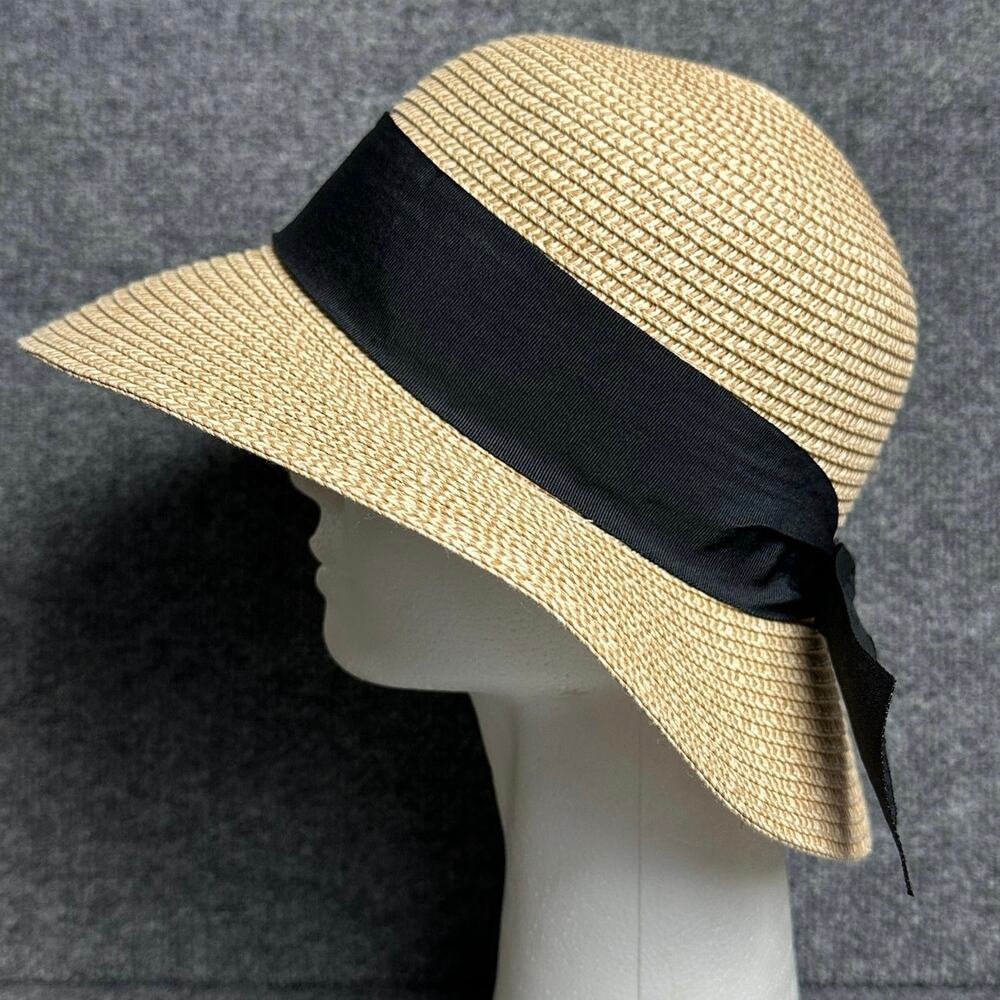 Vintage Milani wide brim straw sun hat grosgrain ribbon bow packable adjustable